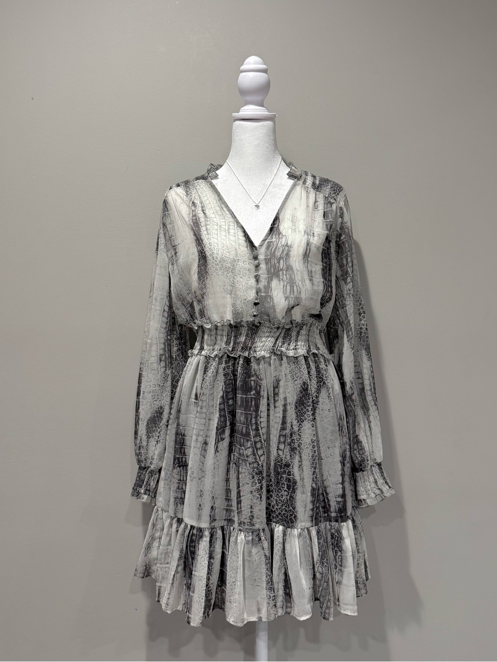 Zara Reptile Snakeskin Grey Ruffle Mesh Dress